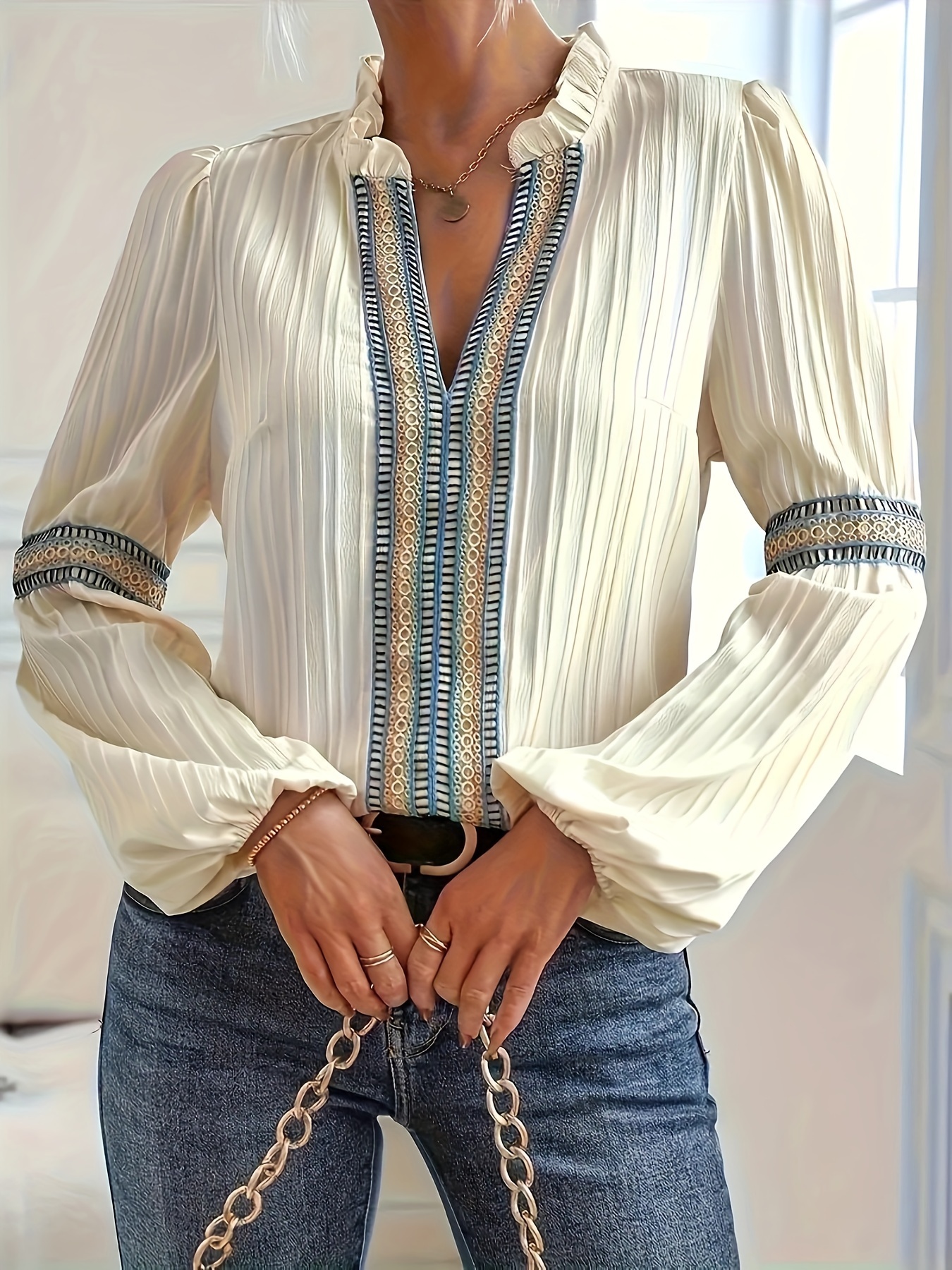 Women's Contrast Embroidery Trim Ruffle Neck Bell Long Sleeve Blouse