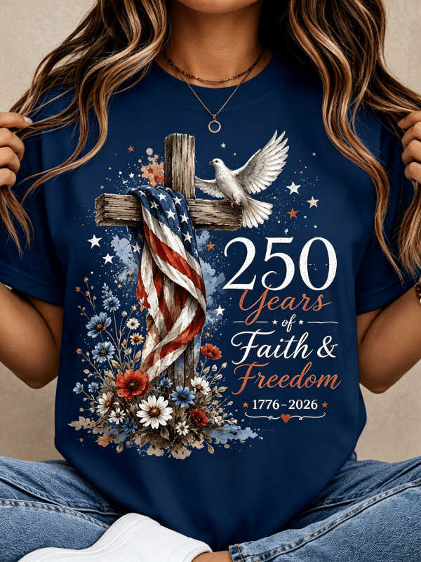 Women's Cross Dove Floral Faith Freedom Patriotic Crew Neck T-Shirt