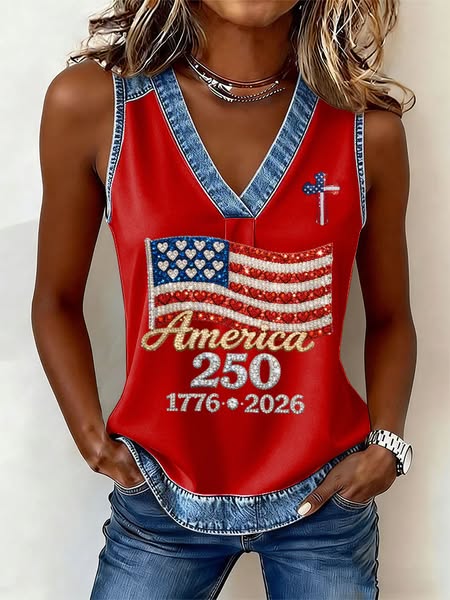 Women's Patriotic Denim Trim Sleeveless Tank Top
