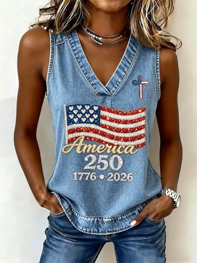 Women's Patriotic Denim Trim Sleeveless Tank Top