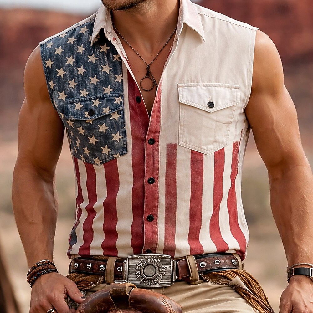 Men's Vintage Washed Split USA Flag Sleeveless Lapel Button Down Vest