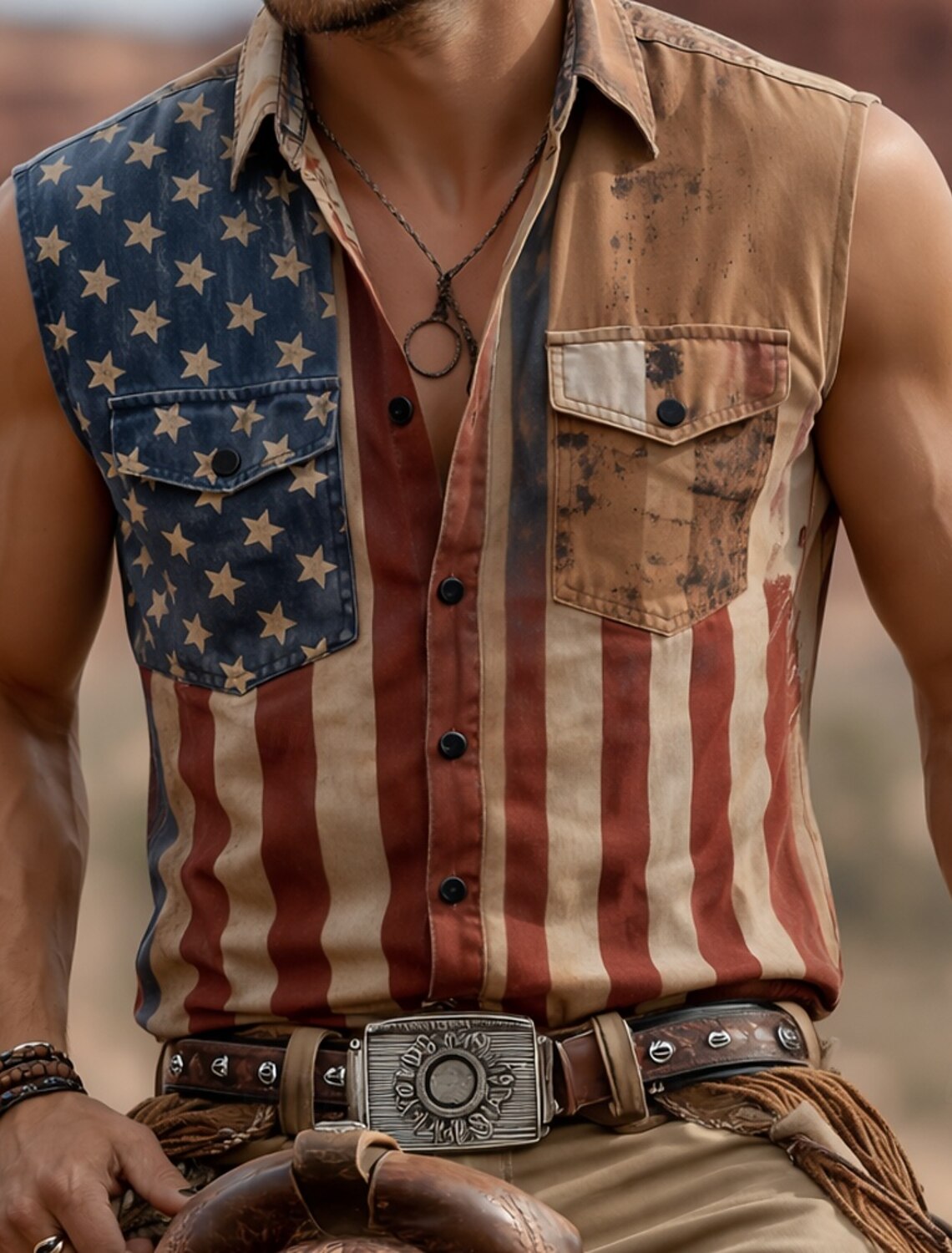 Men's Vintage Washed Split USA Flag Sleeveless Lapel Button Down Vest