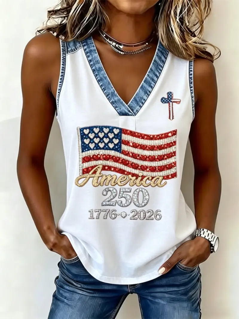 Women's Patriotic Denim Trim Sleeveless Tank Top