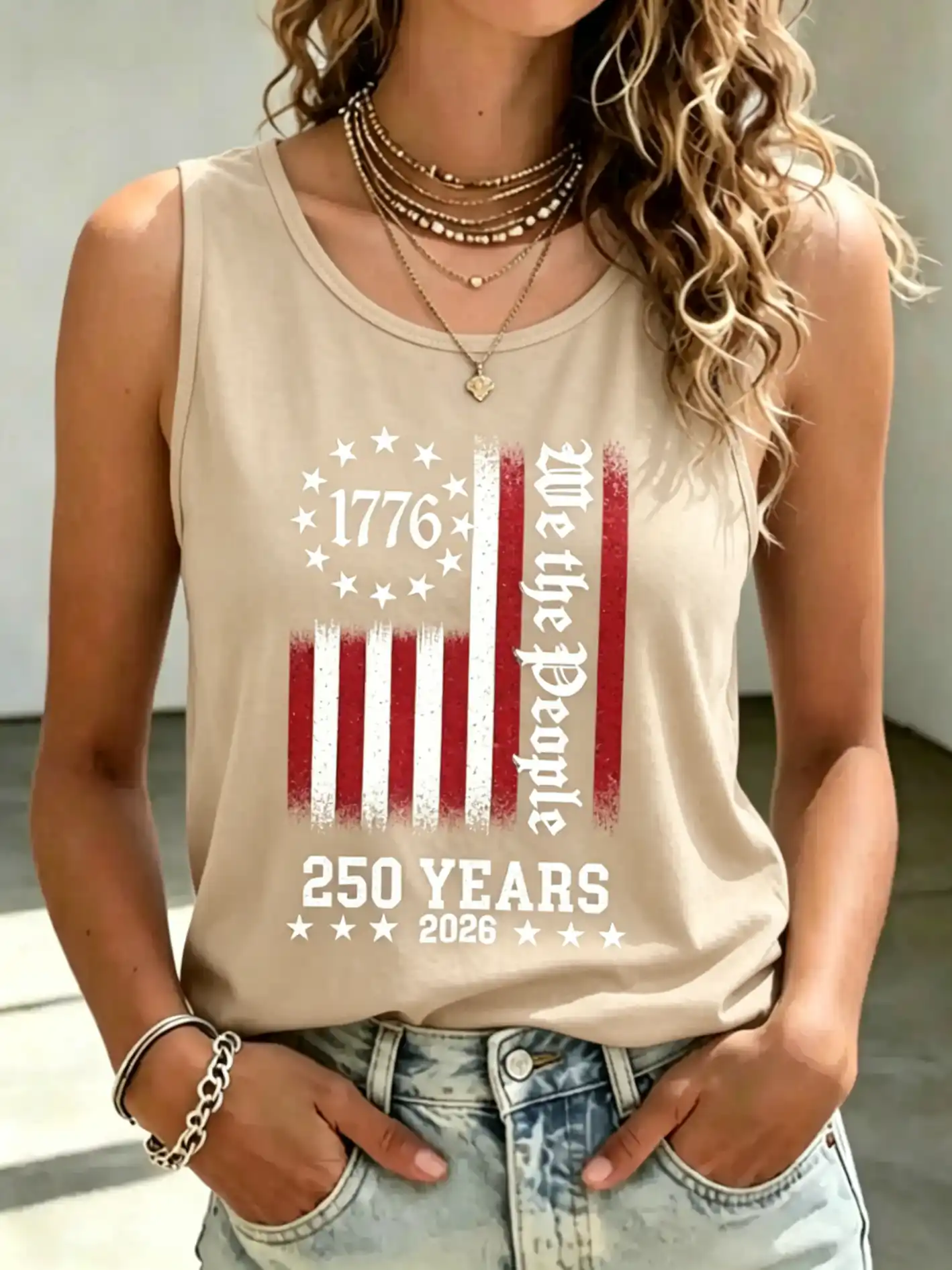 Women's We The People 1776-2026 Vintage USA Flag Patriotic Sleeveless Tank Top
