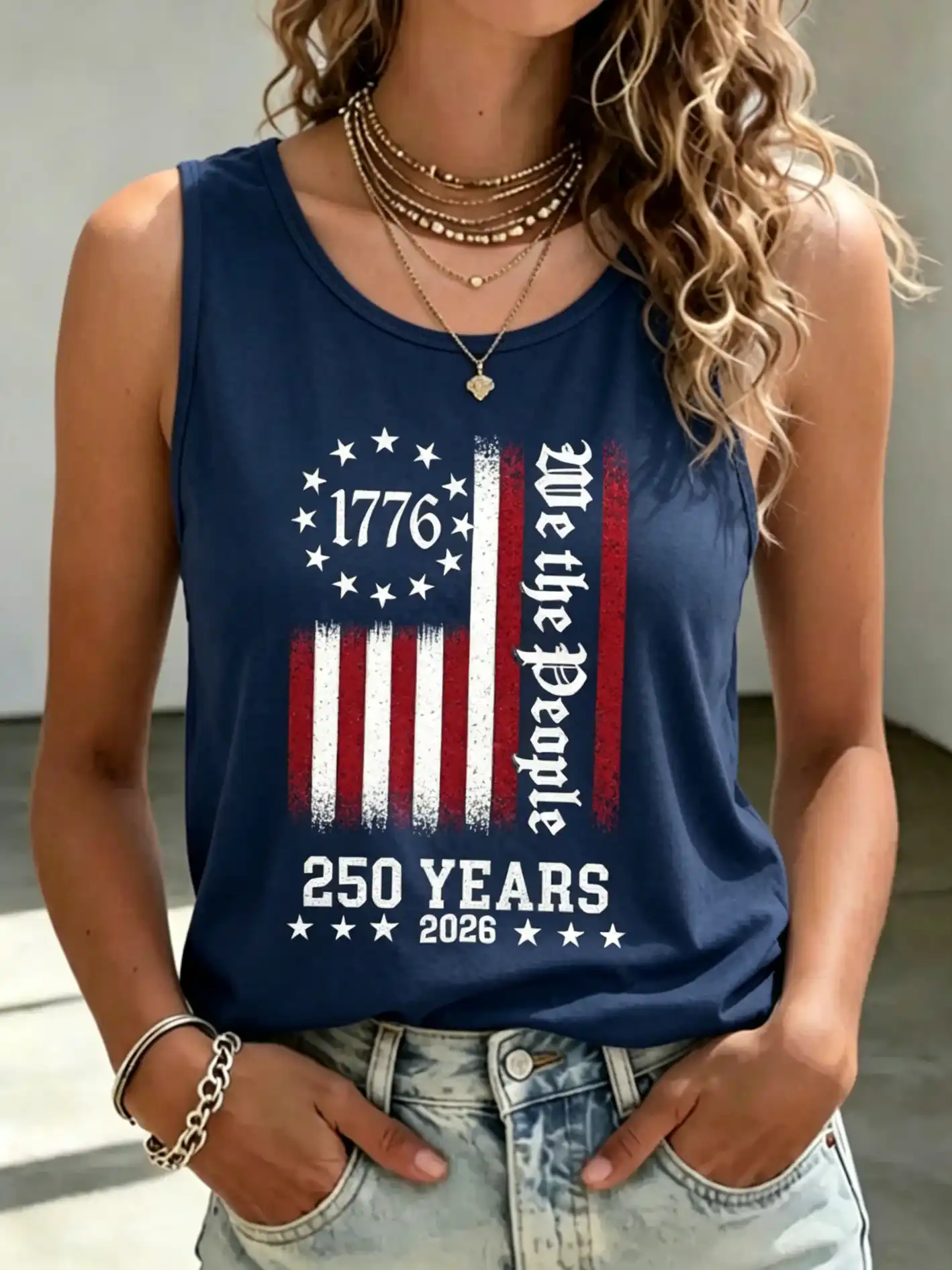 Women's We The People 1776-2026 Vintage USA Flag Patriotic Sleeveless Tank Top