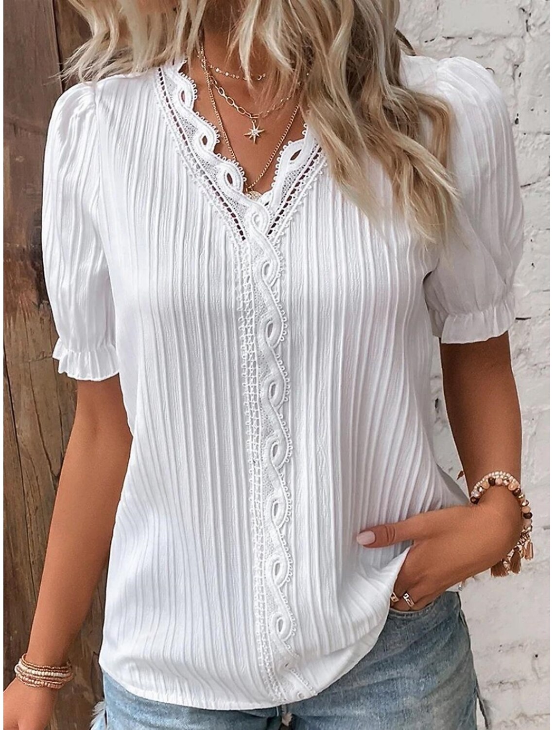 Women's Elegant Lace Trim V-Neck Short Sleeve Blouse – Casual Chic Style