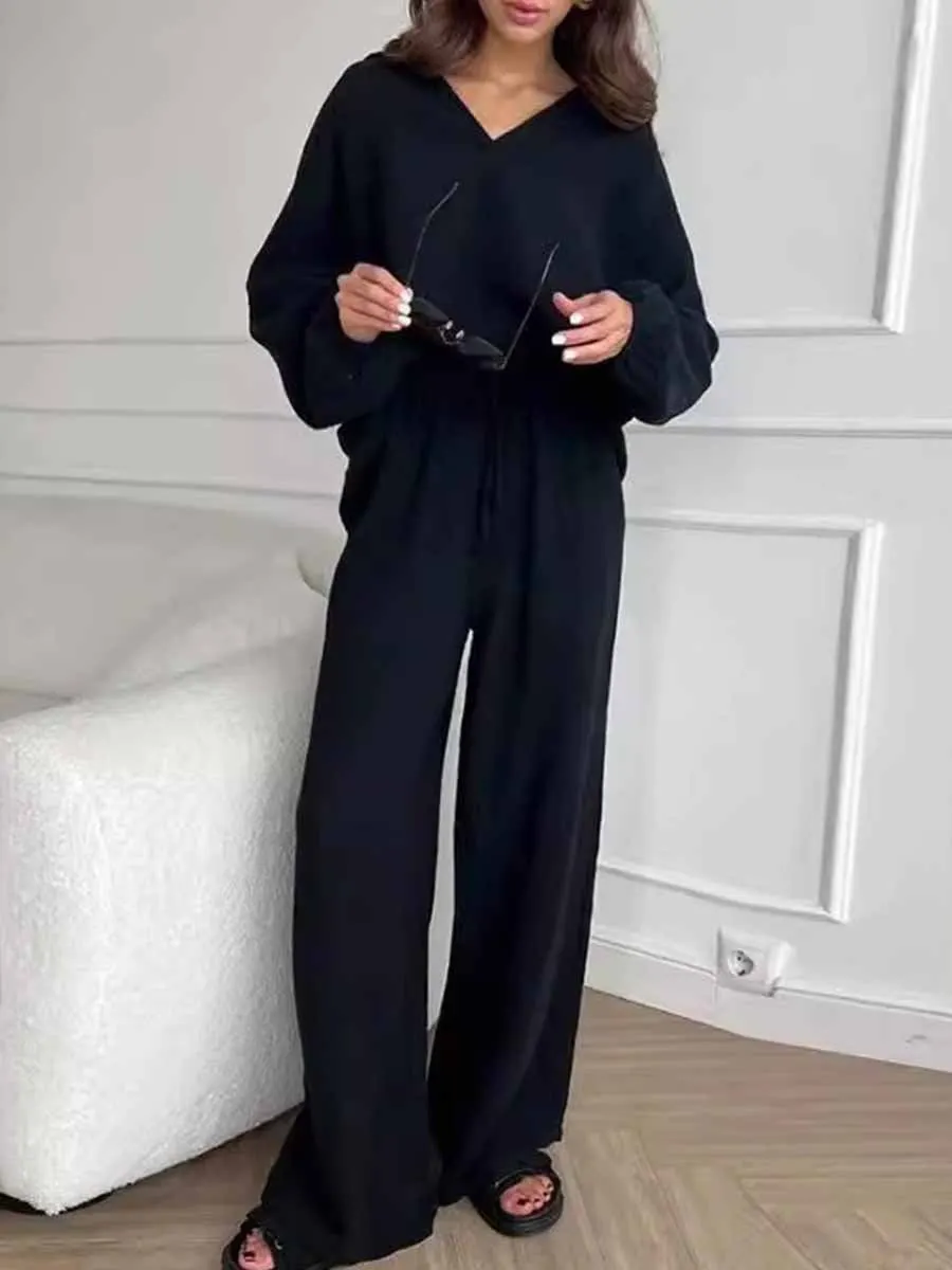 Women's Lapel Long Sleeve Drawstring Pants Casual Cotton Suit