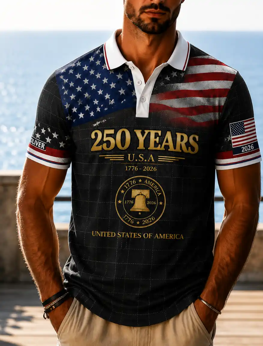 Men's Vintage Plaid USA Flag Liberty Bell 250 Years 1776-2026 Short Sleeve Polo Shirt