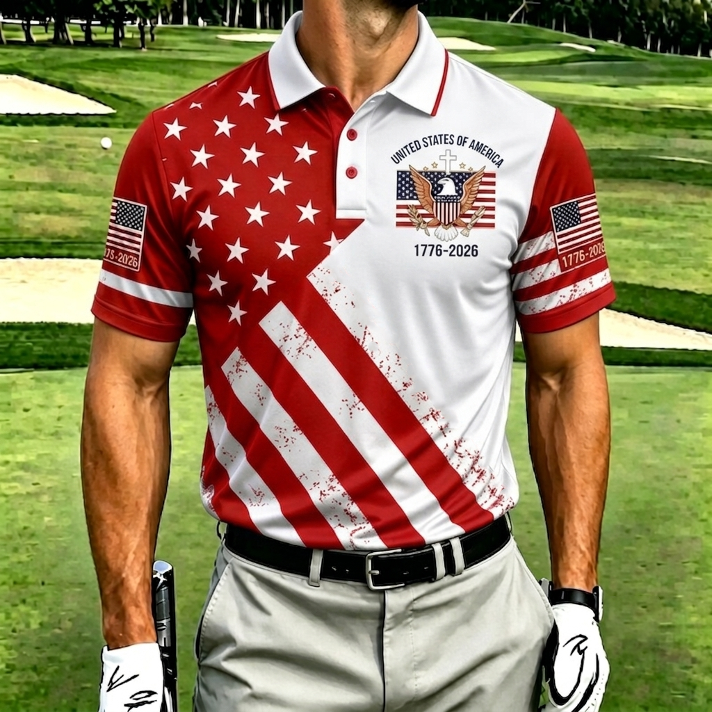 Men's Patriotic Eagle Flag Print Short Sleeve Golf Polo Shirt