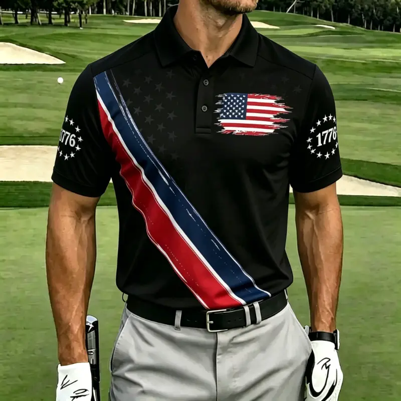 Men's Distressed American Flag 1776 Diagonal Stripe Short Sleeve Golf Polo Shirt