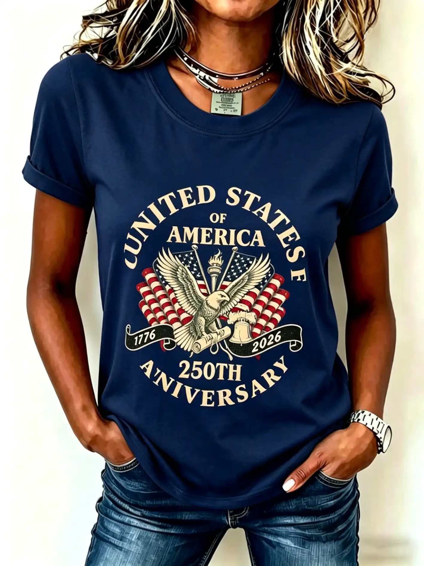 Women's US 250th Anniversary Eagle Liberty Bell Patriotic Short Sleeve Tee