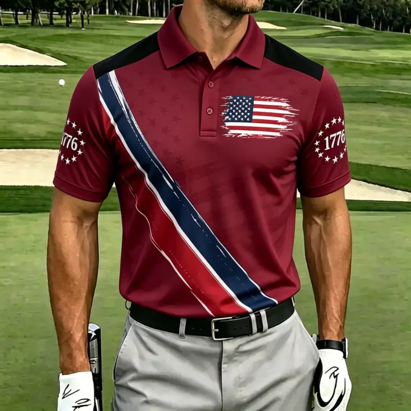 Men's Distressed American Flag 1776 Diagonal Stripe Short Sleeve Golf Polo Shirt