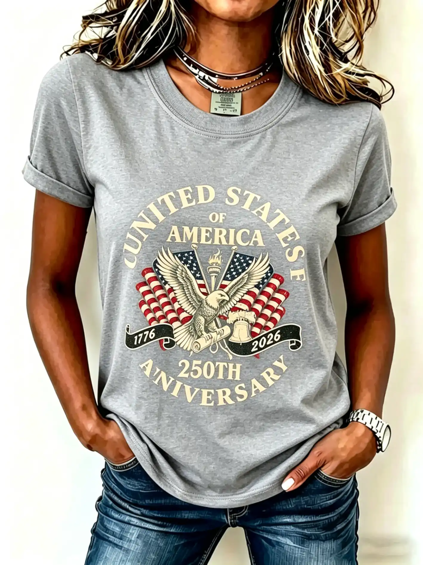 Women's US 250th Anniversary Eagle Liberty Bell Patriotic Short Sleeve Tee