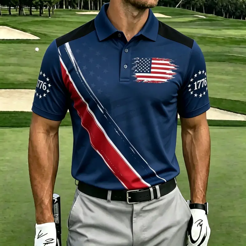 Men's Distressed American Flag 1776 Diagonal Stripe Short Sleeve Golf Polo Shirt