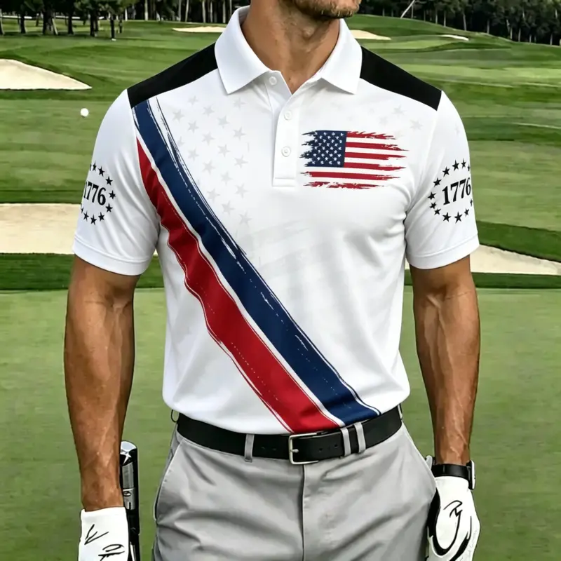 Men's Distressed American Flag 1776 Diagonal Stripe Short Sleeve Golf Polo Shirt