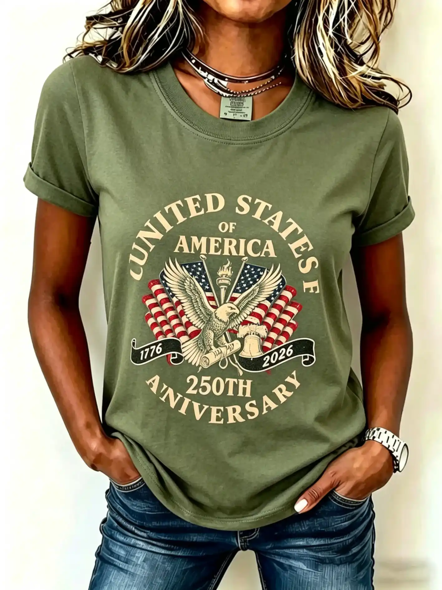 Women's US 250th Anniversary Eagle Liberty Bell Patriotic Short Sleeve Tee