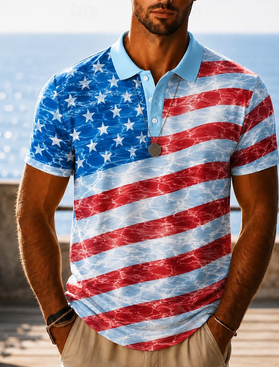 Men's Water Ripple Texture USA Flag Full Print Light Blue Collar Short Sleeve Polo Shirt