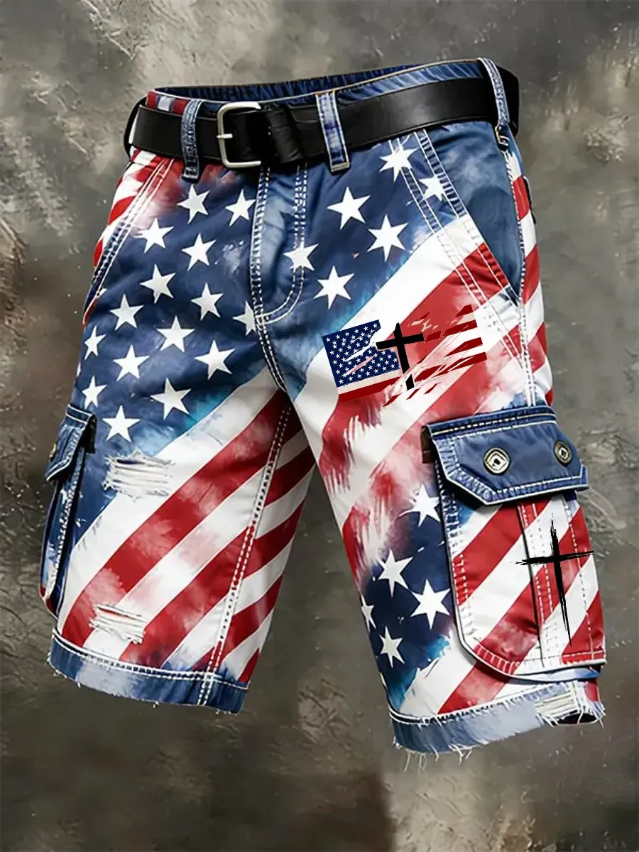 Men's Vintage American Flag Print Cargo Shorts