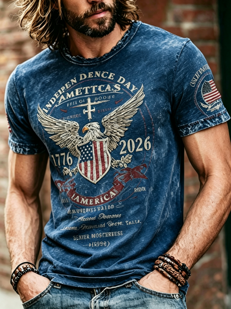 Men's Vintage Washed Eagle Cross Independence Day 1776-2026 Short Sleeve T-Shirt