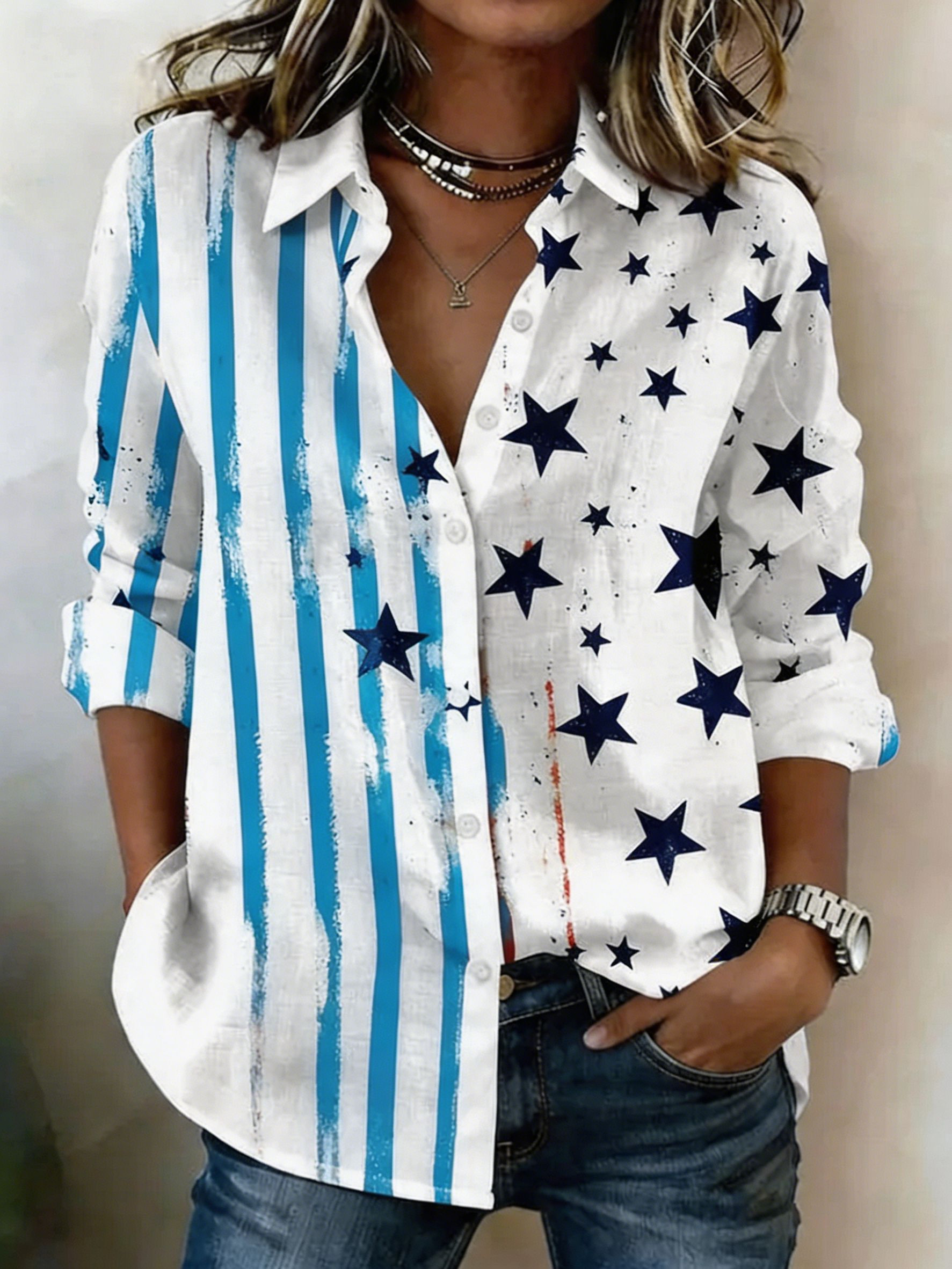 Patriotic Star & Stripe Print Casual Shirt, Vintage USA Flag Inspired Button-Up Top