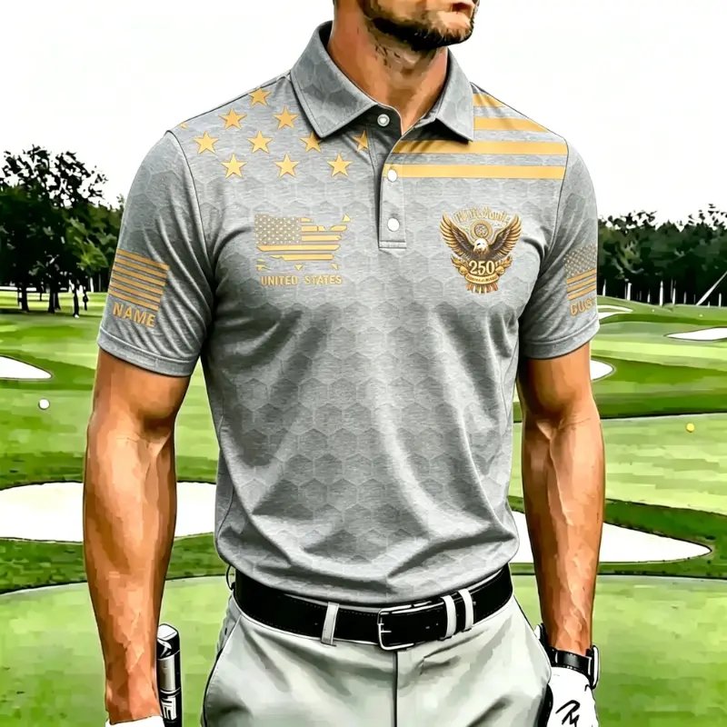 Men's Maroon Hexagon Pattern Gold Print 250th Anniversary Golf Polo Shirt
