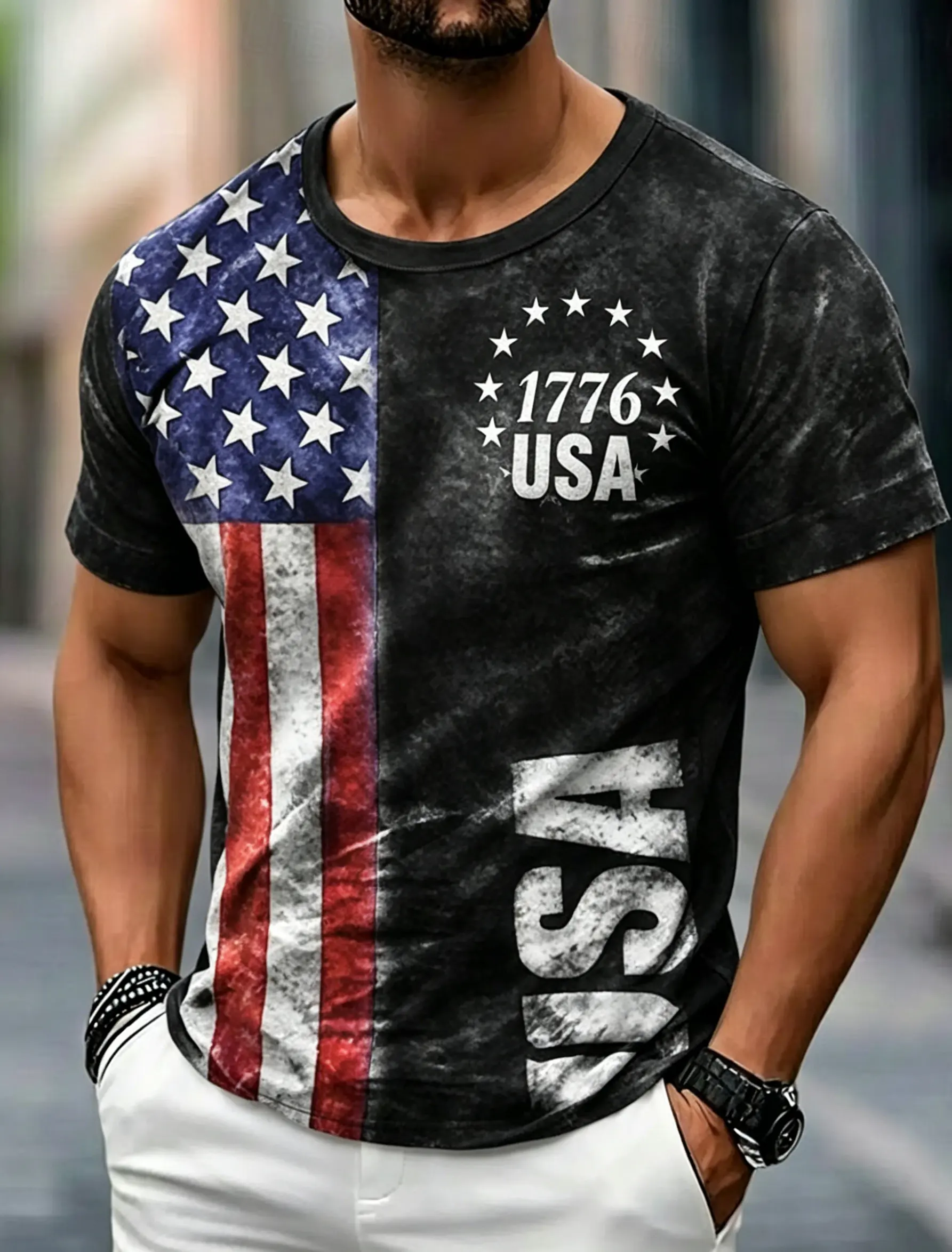Men's Vintage Distressed USA Flag 1776 Graphic Crew Neck Short Sleeve Tee