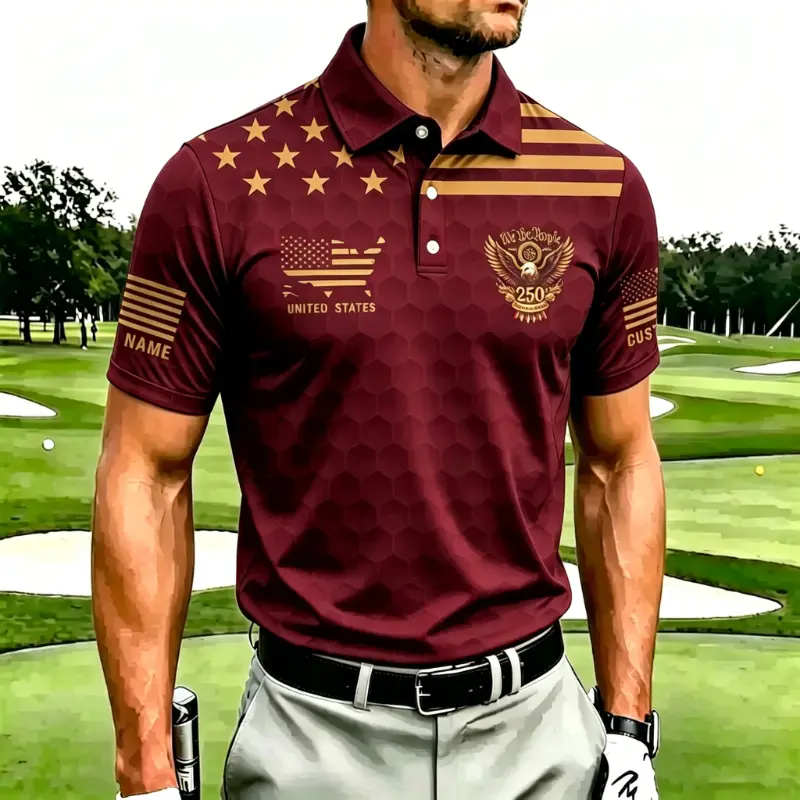 Men's Maroon Hexagon Pattern Gold Print 250th Anniversary Golf Polo Shirt