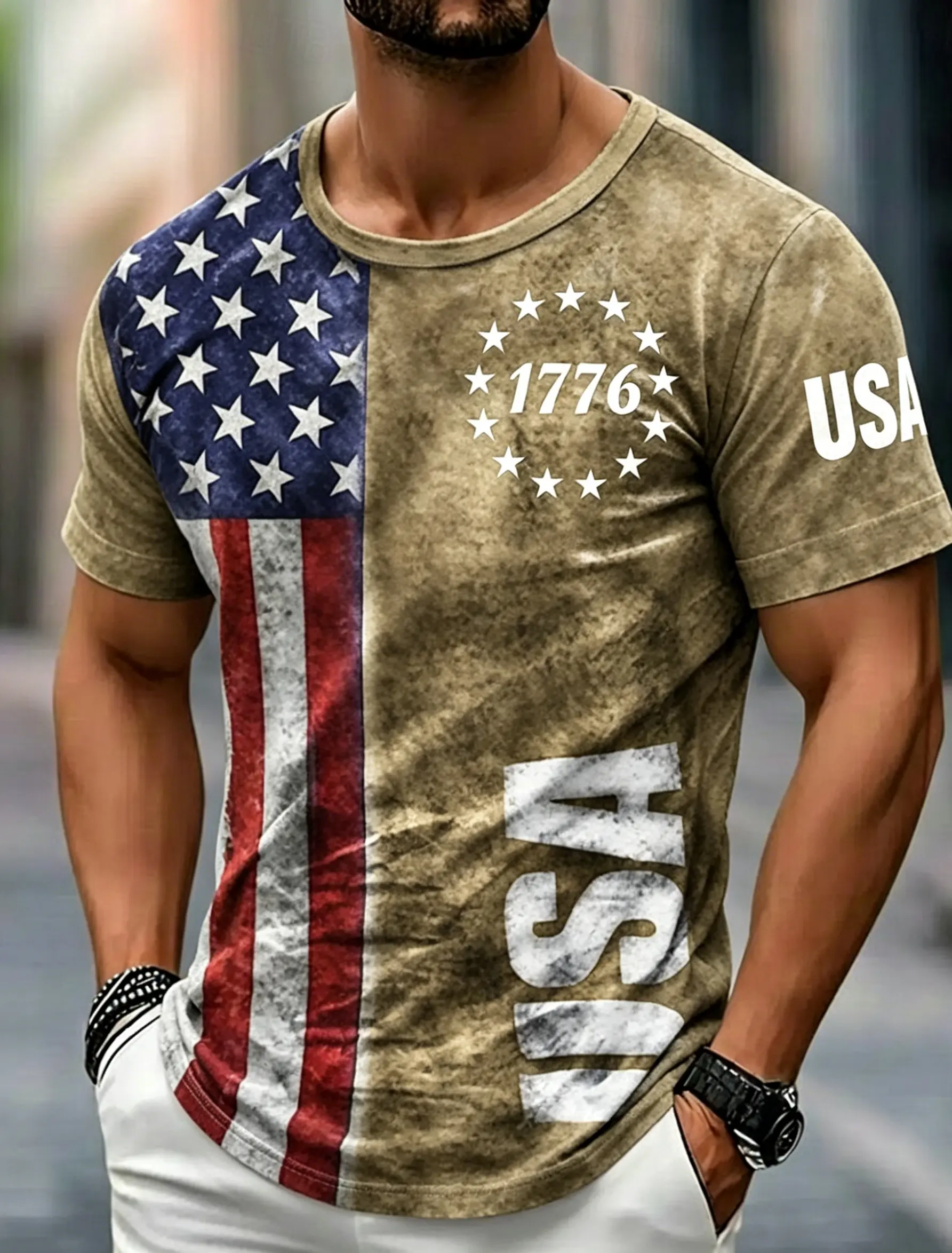 Men's Vintage Distressed USA Flag 1776 Graphic Crew Neck Short Sleeve Tee
