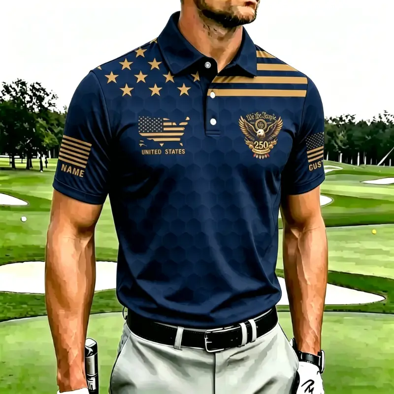 Men's Maroon Hexagon Pattern Gold Print 250th Anniversary Golf Polo Shirt