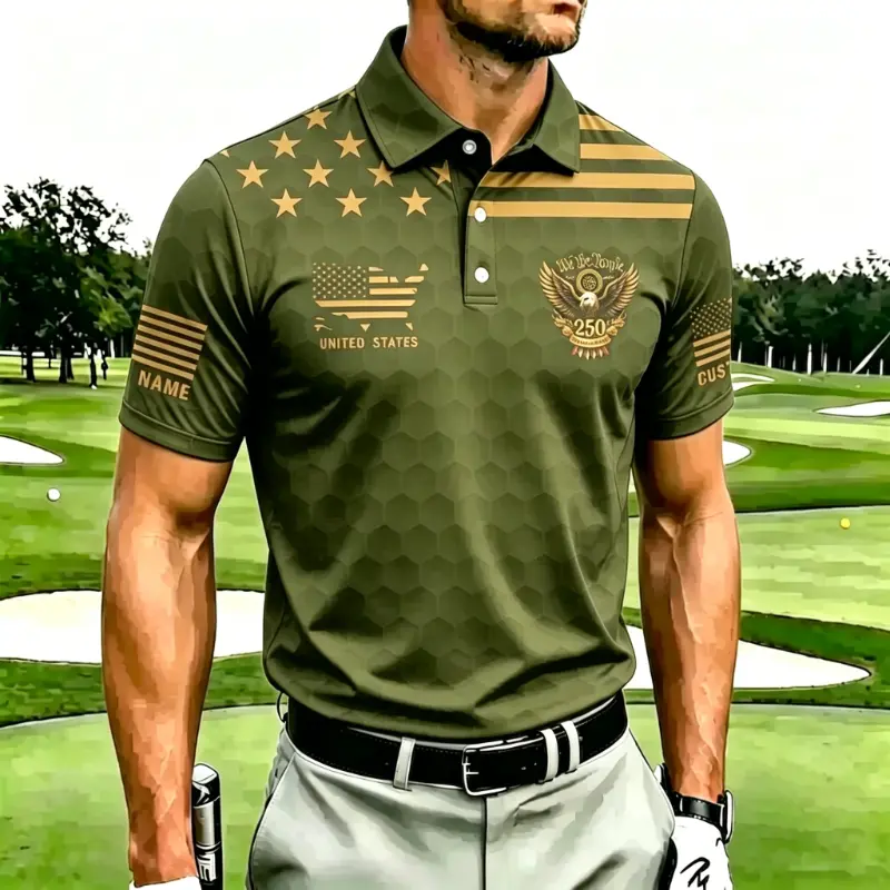 Men's Maroon Hexagon Pattern Gold Print 250th Anniversary Golf Polo Shirt