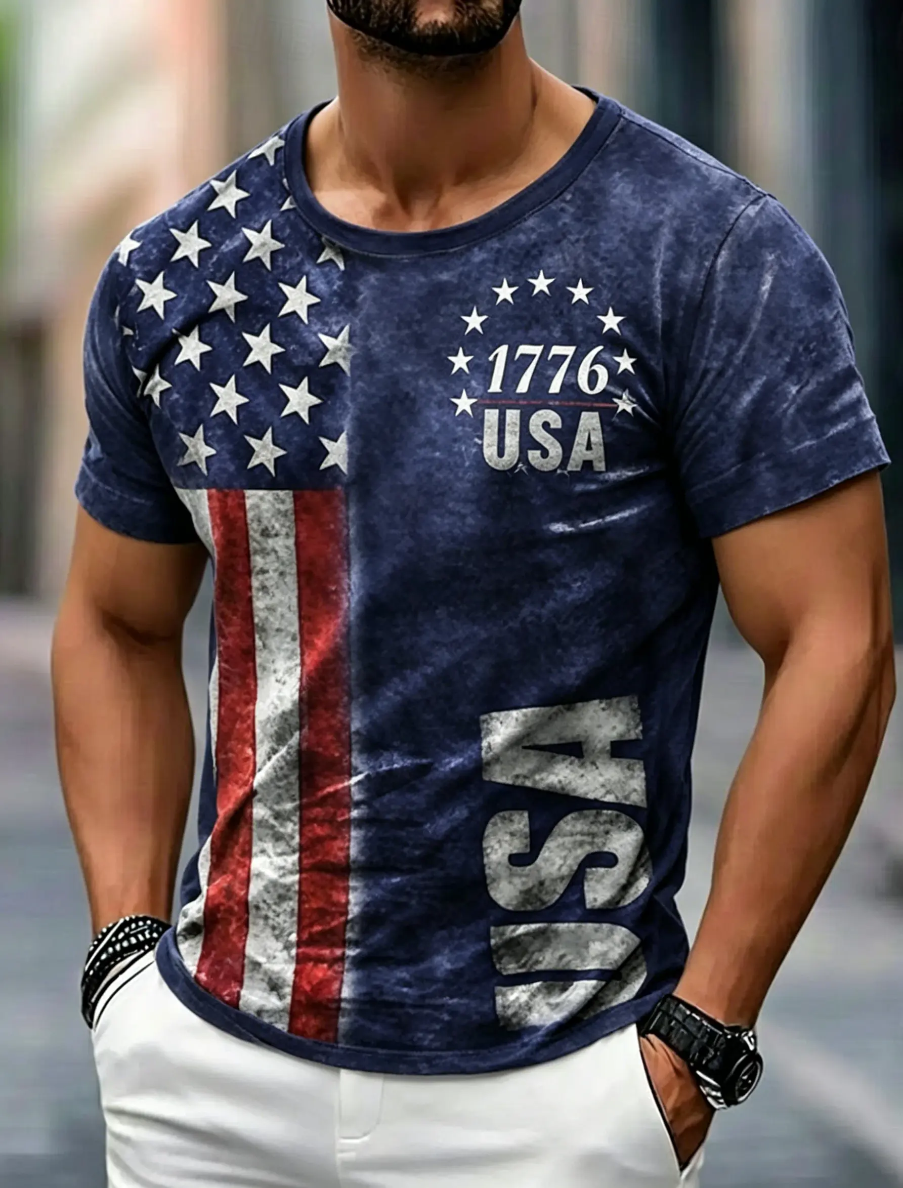 Men's Vintage Distressed USA Flag 1776 Graphic Crew Neck Short Sleeve Tee