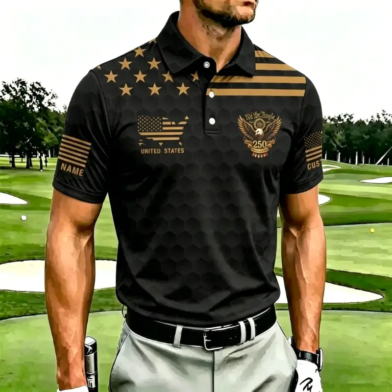 Men's Maroon Hexagon Pattern Gold Print 250th Anniversary Golf Polo Shirt