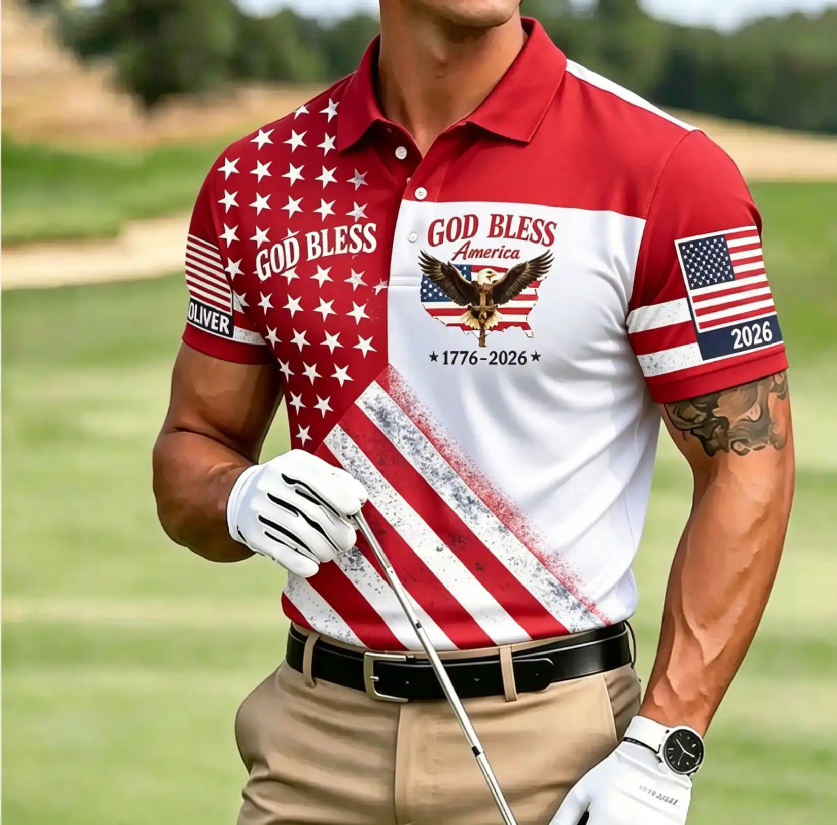 Men's God Bless America Eagle USA Flag 1776-2026 Patriotic Short Sleeve Polo Shirt