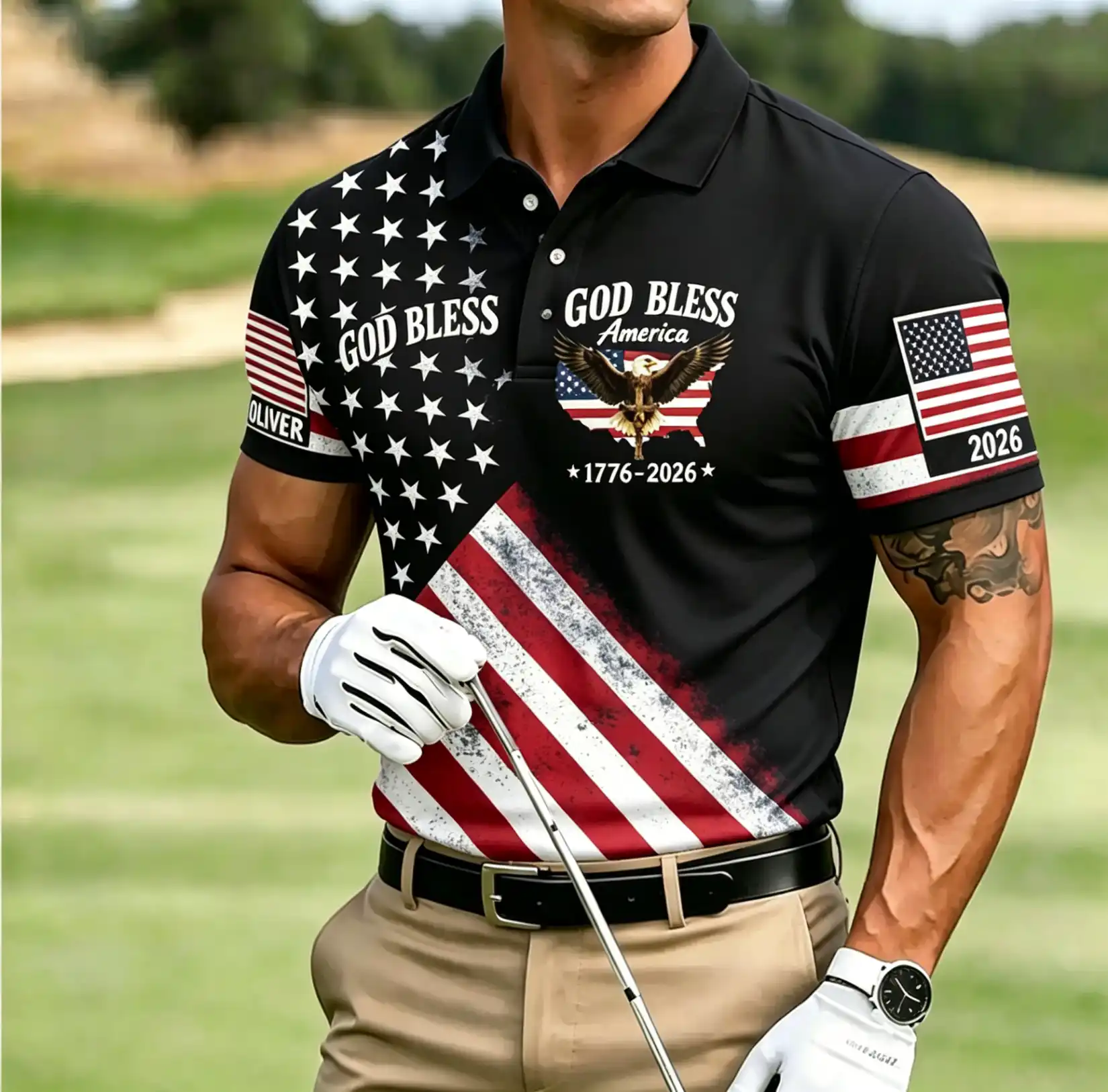 Men's God Bless America Eagle USA Flag 1776-2026 Patriotic Short Sleeve Polo Shirt
