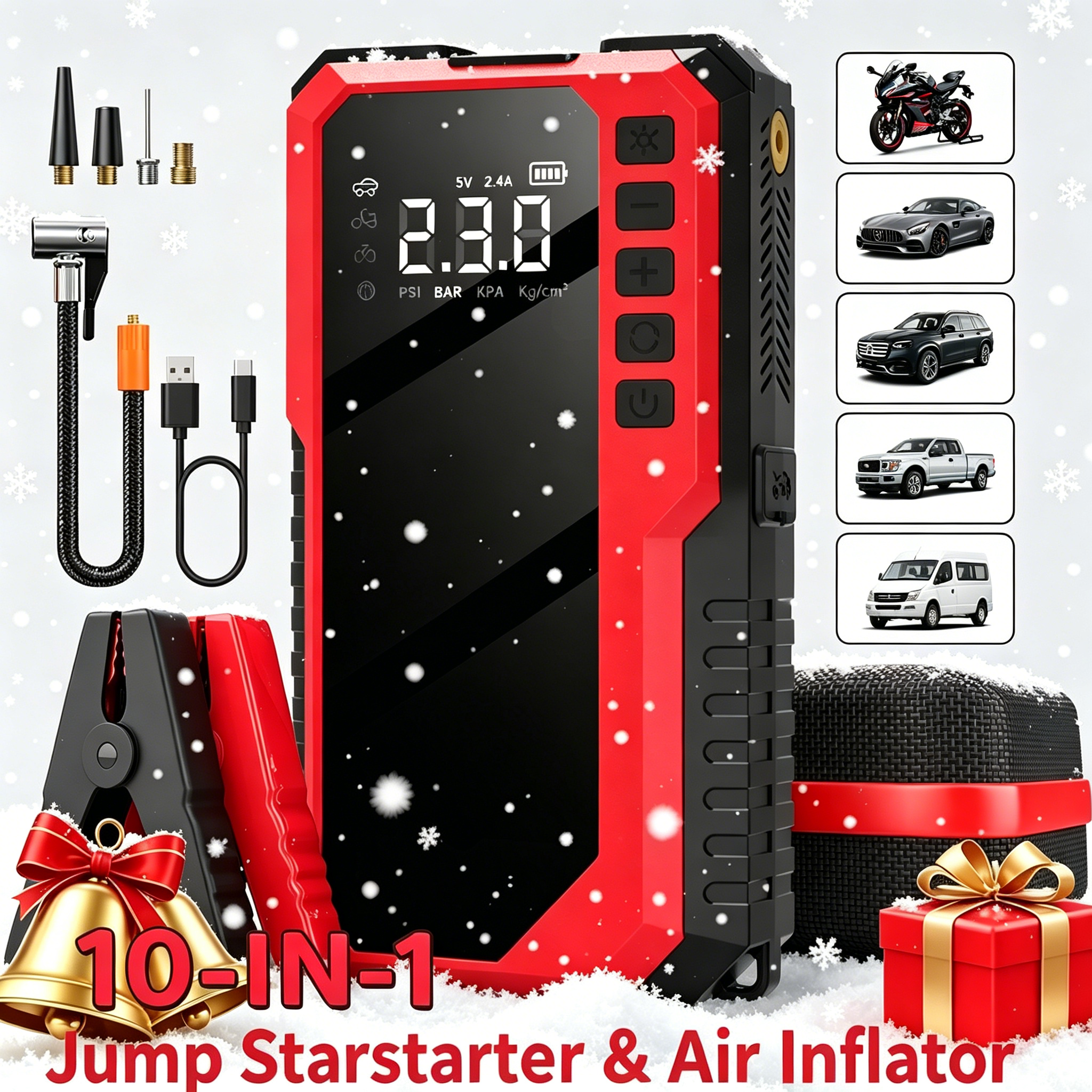 Portable Car Jump Starter & Tire Air Inflator 10 Functions All-in-One Auto Emergency Jump Pack