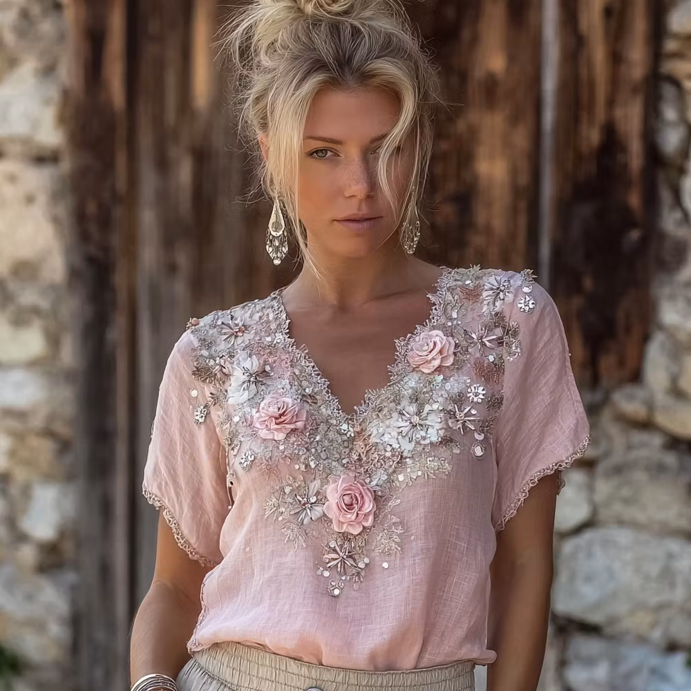Women's Vintage Boho 3D Floral Beaded Long Sleeve Blouse