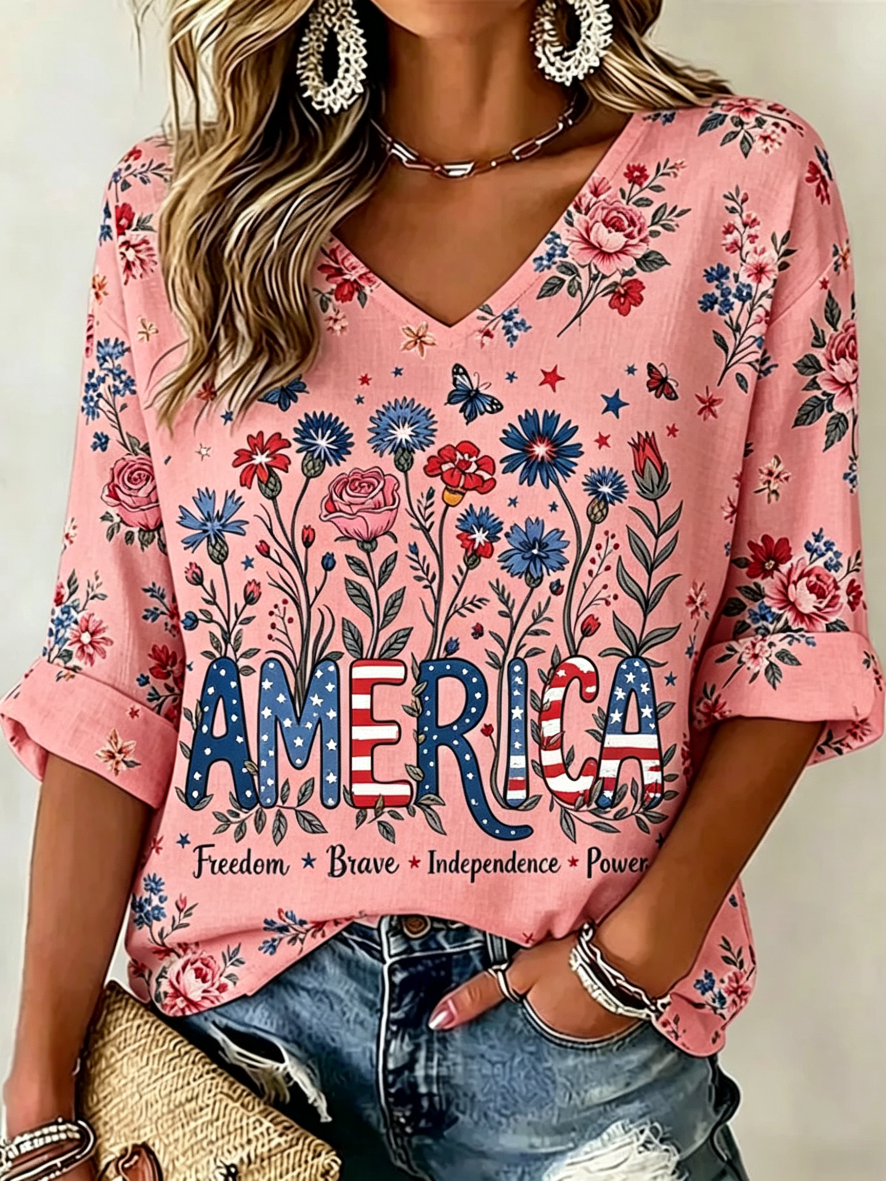 Boho Patriotic Floral America Print Blouse, Casual V-Neck 3/4 Sleeve Shirt