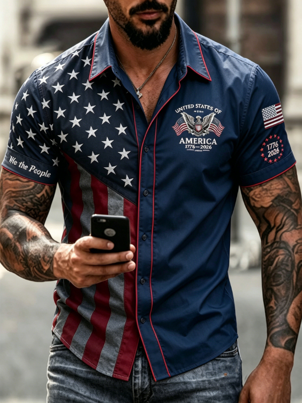 Men's Split American Eagle Flag Patriotic Short Sleeve Button Down Shirt