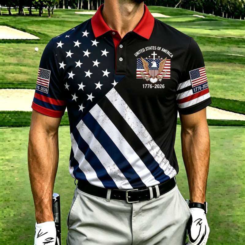 Men's Patriotic Eagle Flag Print Short Sleeve Golf Polo Shirt