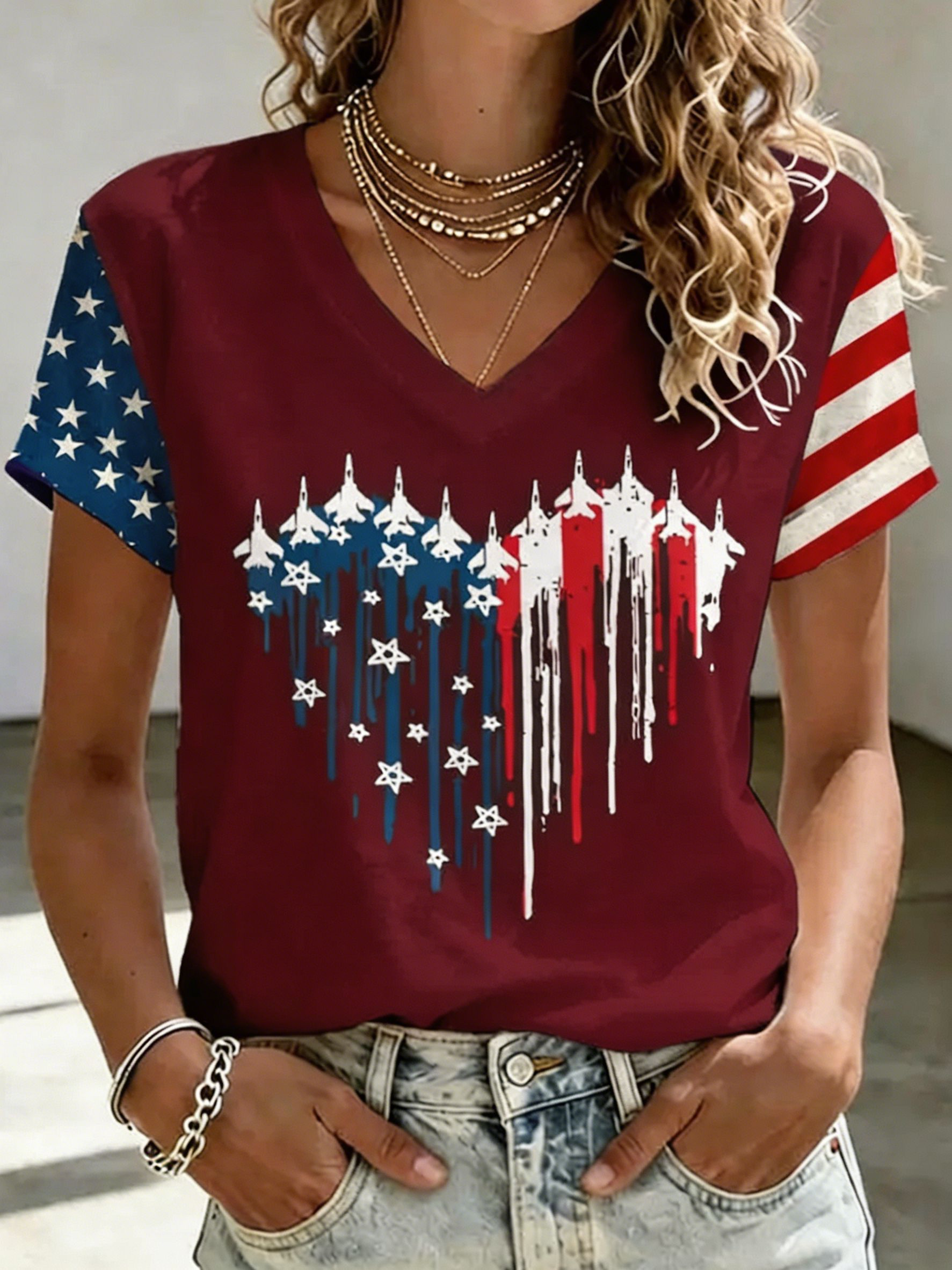 Patriotic USA Jet Flag T-Shirt, Star & Stripe Sleeve V-Neck Casual Top