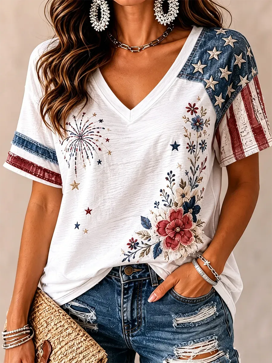 Women's Patriotic Firework Floral Color Block Short Sleeve T-Shirt