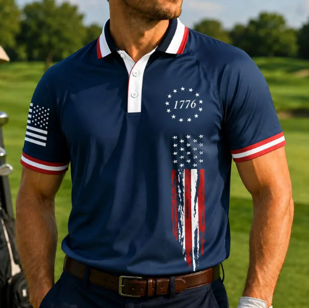 Men's Patriotic Cross & Flag Accent Golf Polo Shirt