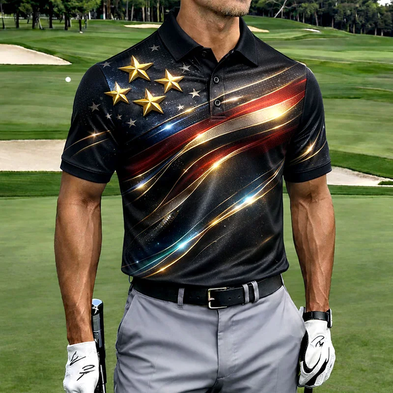 Men's Shiny Wave Star Flag Print Patriotic Golf Polo Shirt