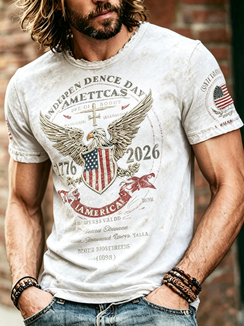 Men's Vintage Washed Eagle Cross Independence Day 1776-2026 Short Sleeve T-Shirt
