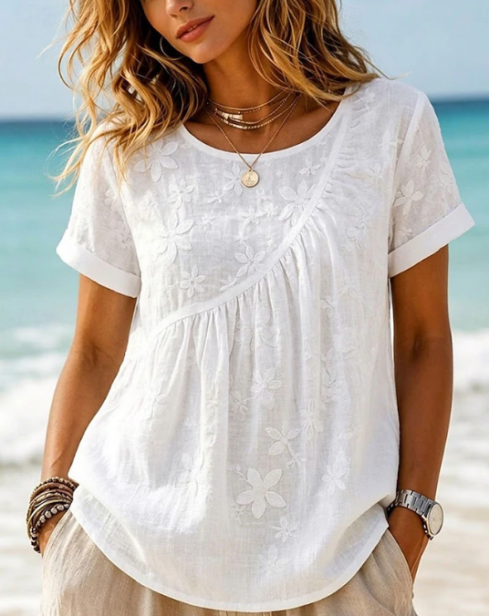 Women's V-Neck Button Half Sleeve Linen Blend Blouse With Pockets