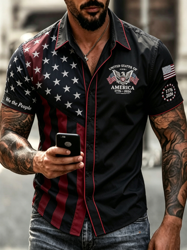 Men's Split American Eagle Flag Patriotic Short Sleeve Button Down Shirt