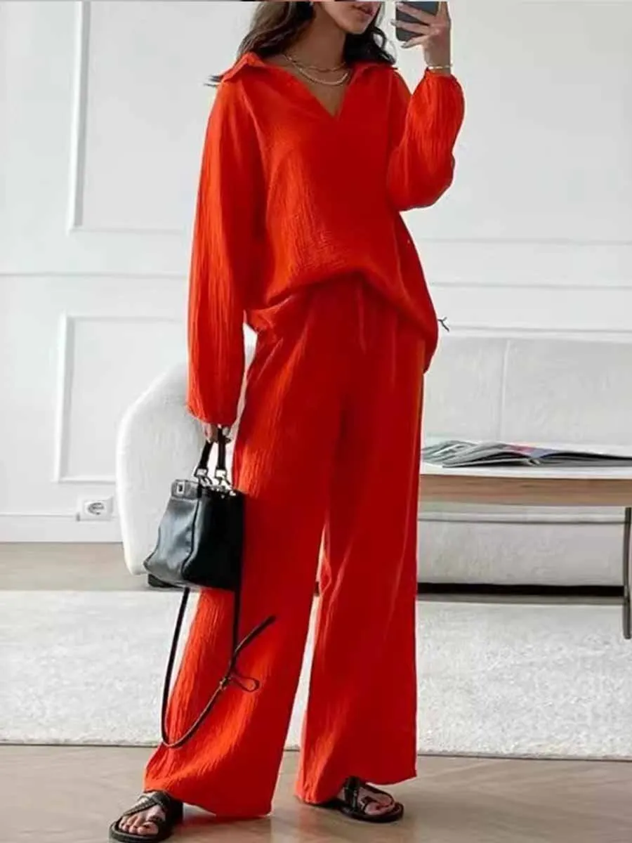 Women's Lapel Long Sleeve Drawstring Pants Casual Cotton Suit