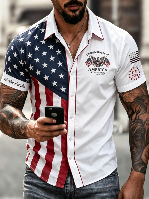 Men's Split American Eagle Flag Patriotic Short Sleeve Button Down Shirt