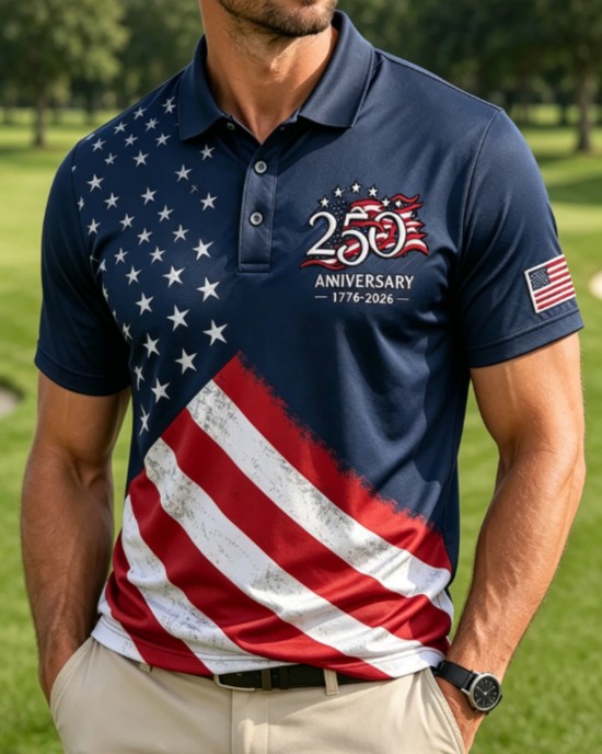 Men's Vintage Distressed Flag Print Patriotic Golf Polo Shirt