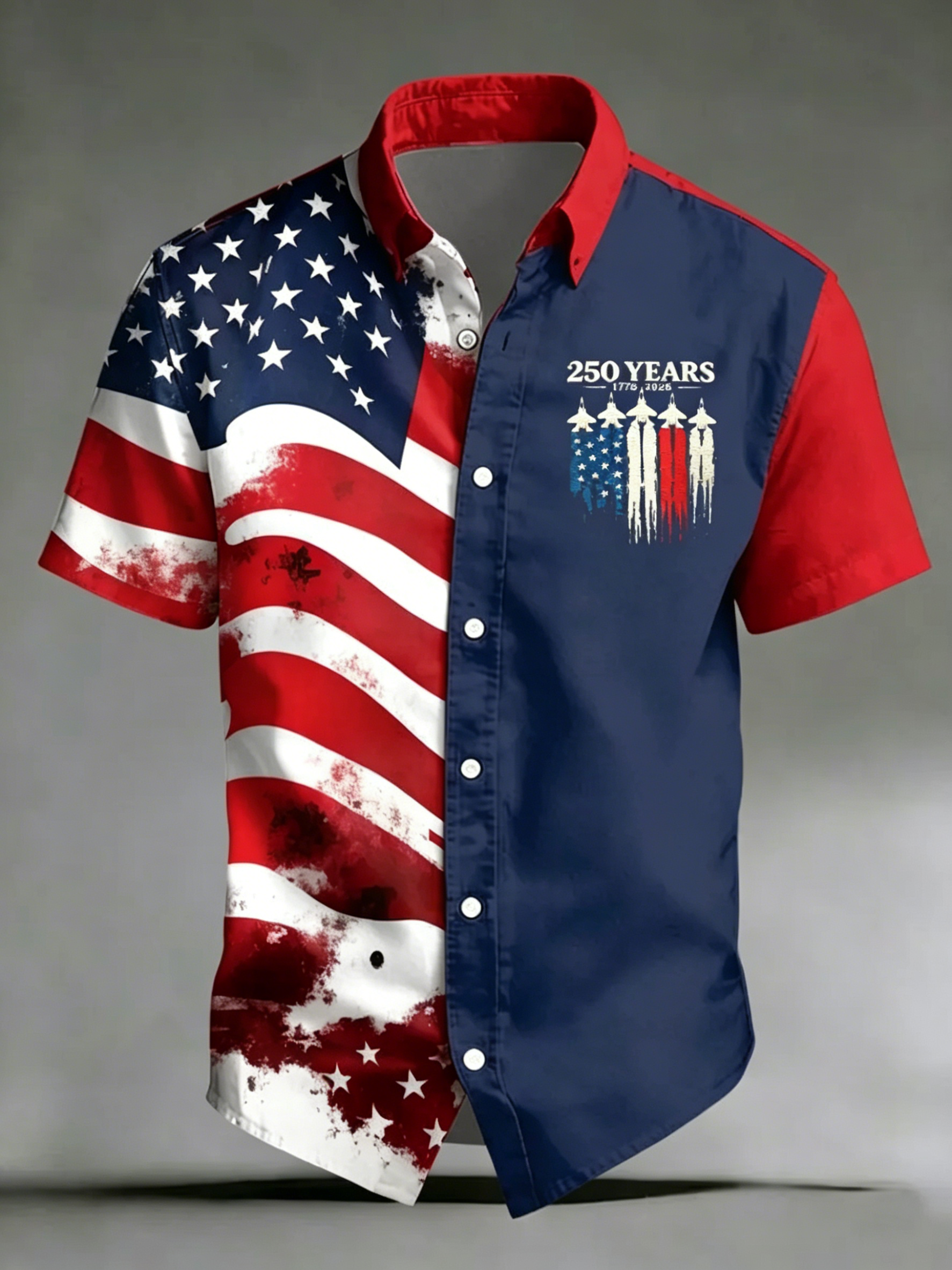 Patriotic USA Flag & Jet Print Casual Shirt, Vintage Split Design Short Sleeve Top